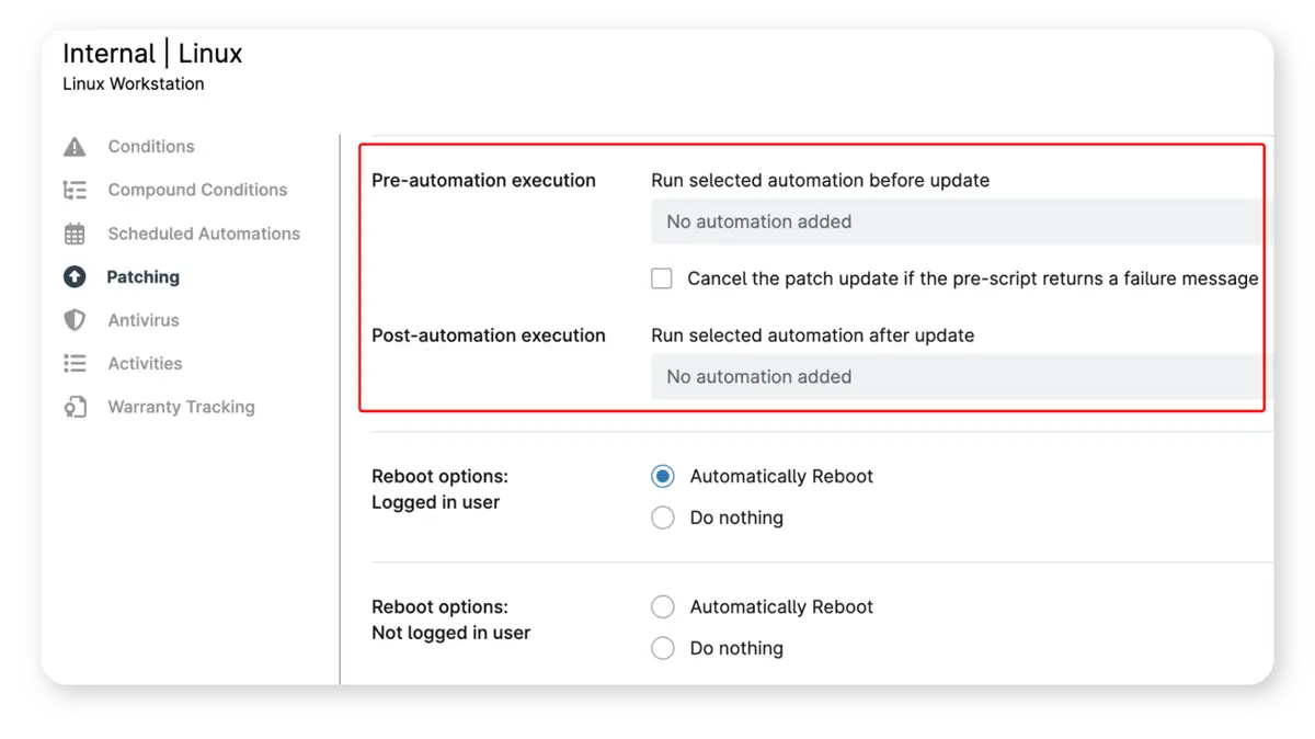 Captura de pantalla de las secuencias de comandos previas y posteriores a la aplicación de parches en Linux