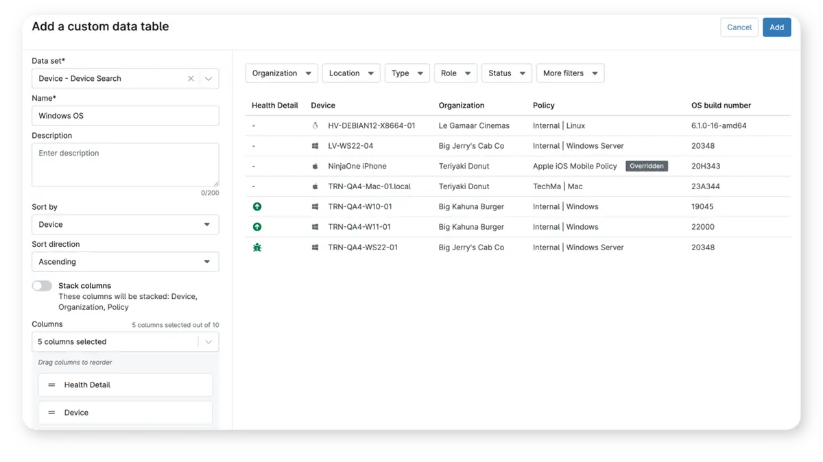 Captura de pantalla de adición de tablas de datos a los informes de síntesis