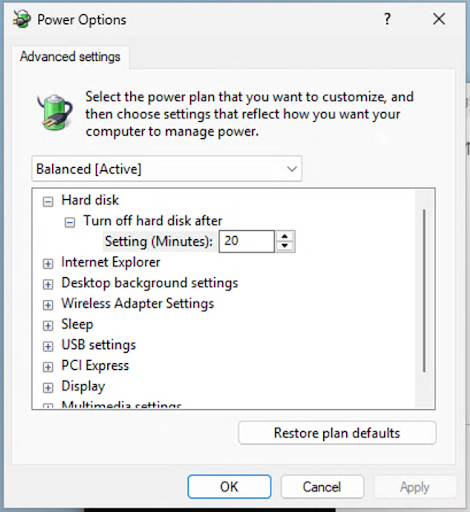 Campo Configuración (minutos) para apagar el disco duro
