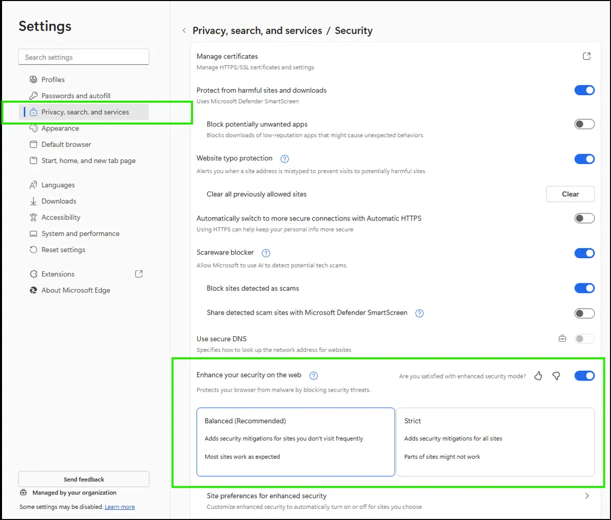 Einstellungen für Datenschutz, Suche und Dienste