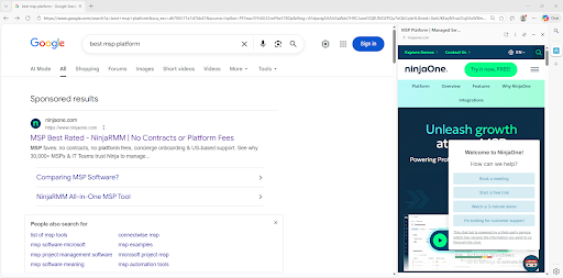 La web de NinjaOne abierta en la barra lateral de Microsoft Edge
