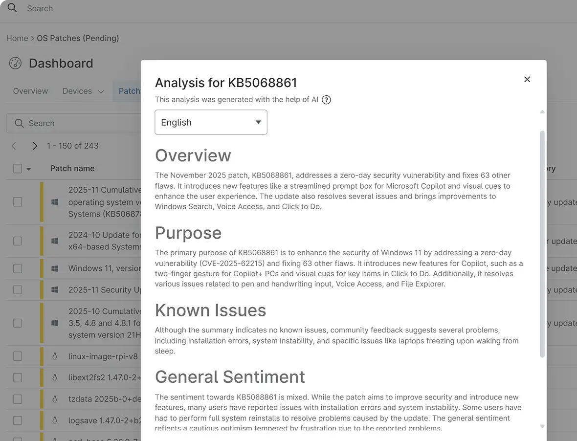 NinjaOne dashboard showing patch intelligence