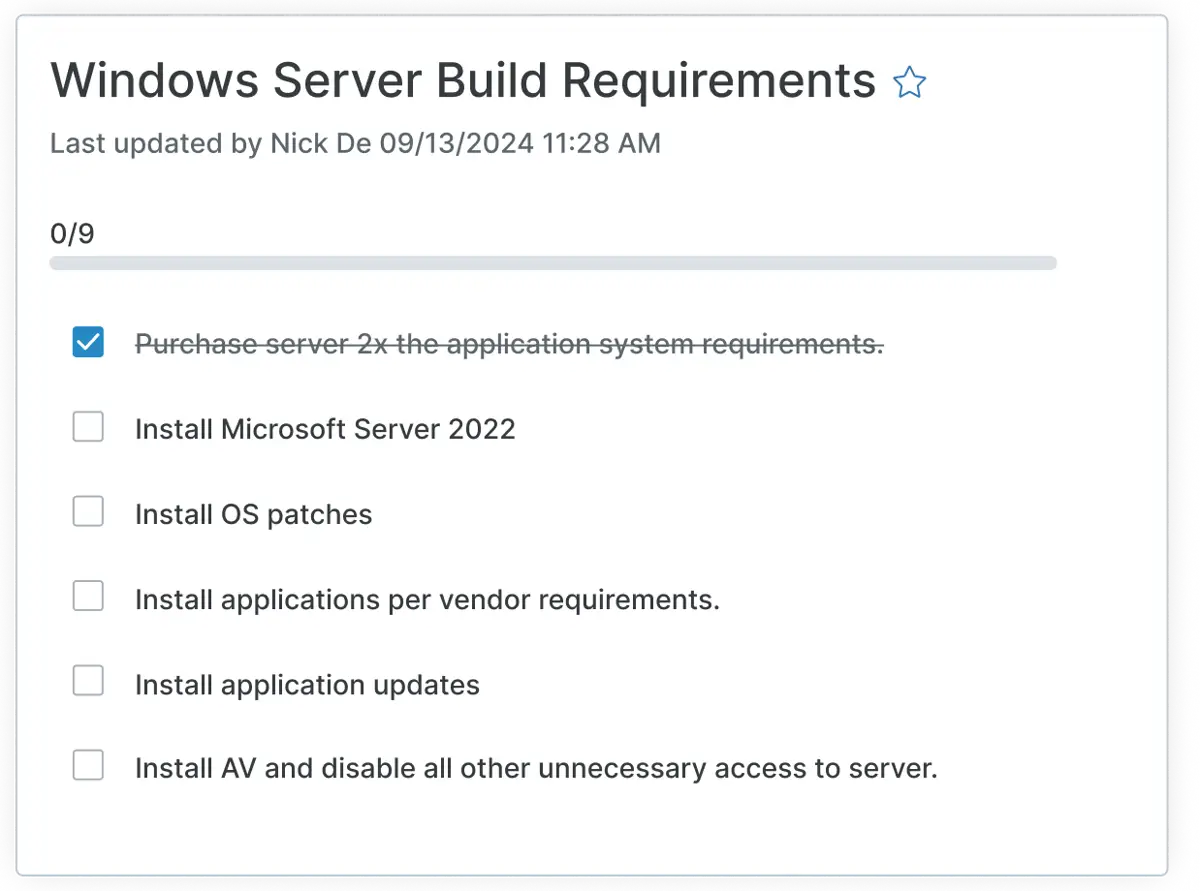 IT documentation checklist showing Windows Server build requirements and deployment tasks