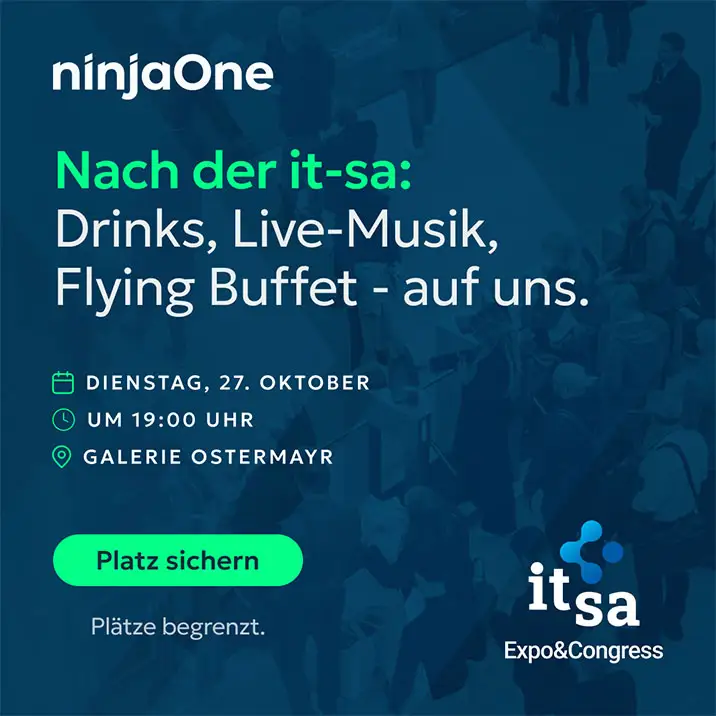NinjaOne it-sa event invitation for October 27 at 7:00 PM at Galerie Ostermayr, featuring drinks, live music, and a flying buffet.