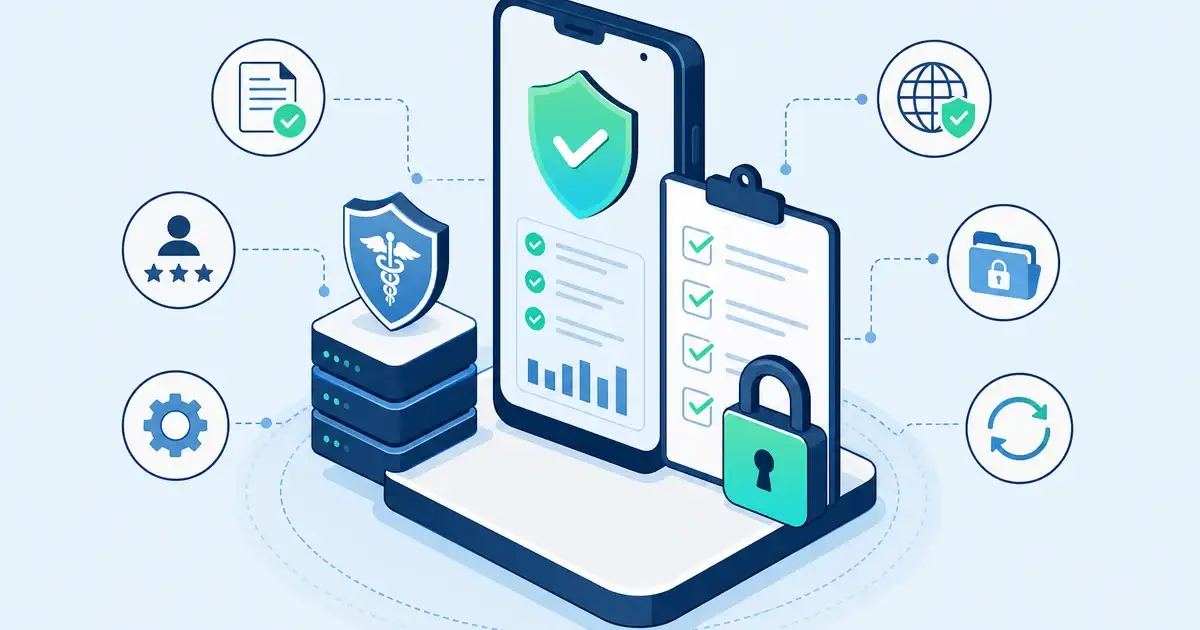 Illustration with a mobile device and various compliance related badges representing the topic of Building Audit-Ready Mobile Compliance Operations