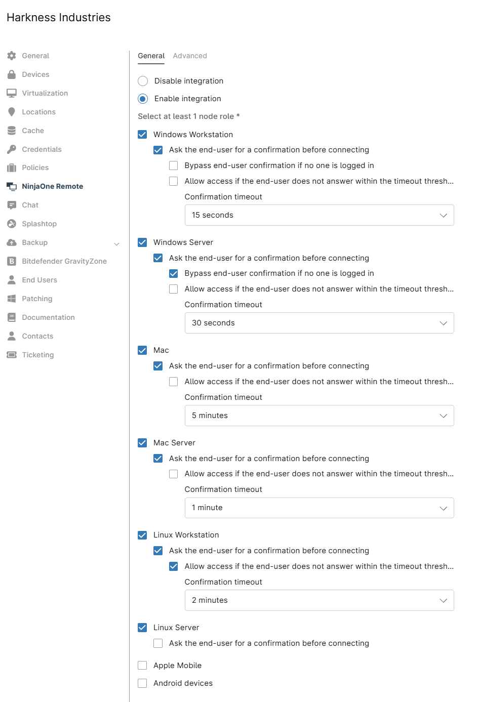 NinjaOne Remote Node Role assignment settings